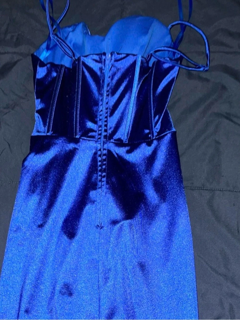 B Darlin Royal Blue Satin Corset-Style Midi Dress with High Slit